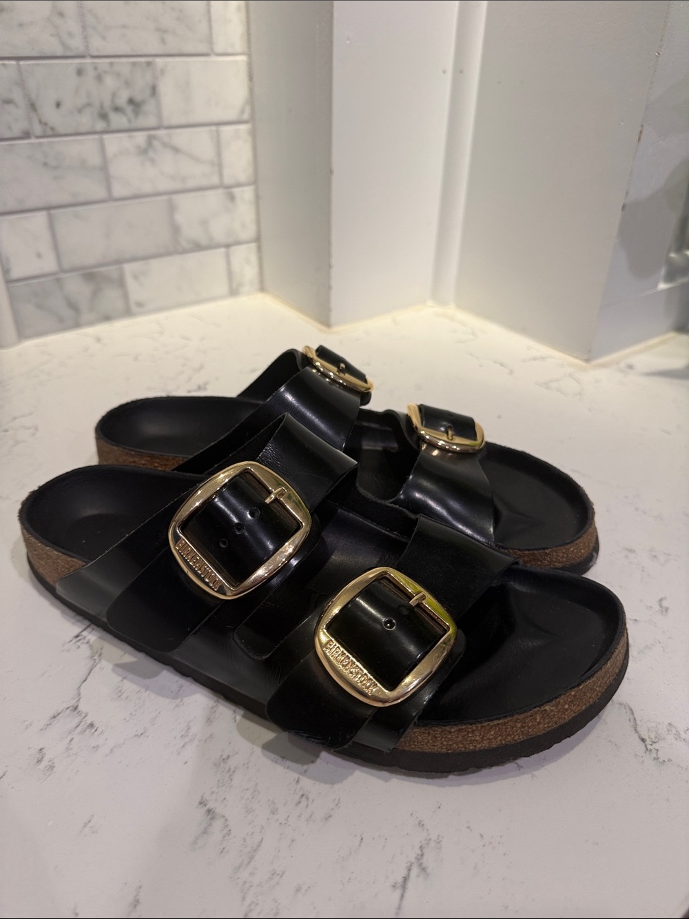 Birkenstock Black Double-Strap Slides with Gold Buckles
